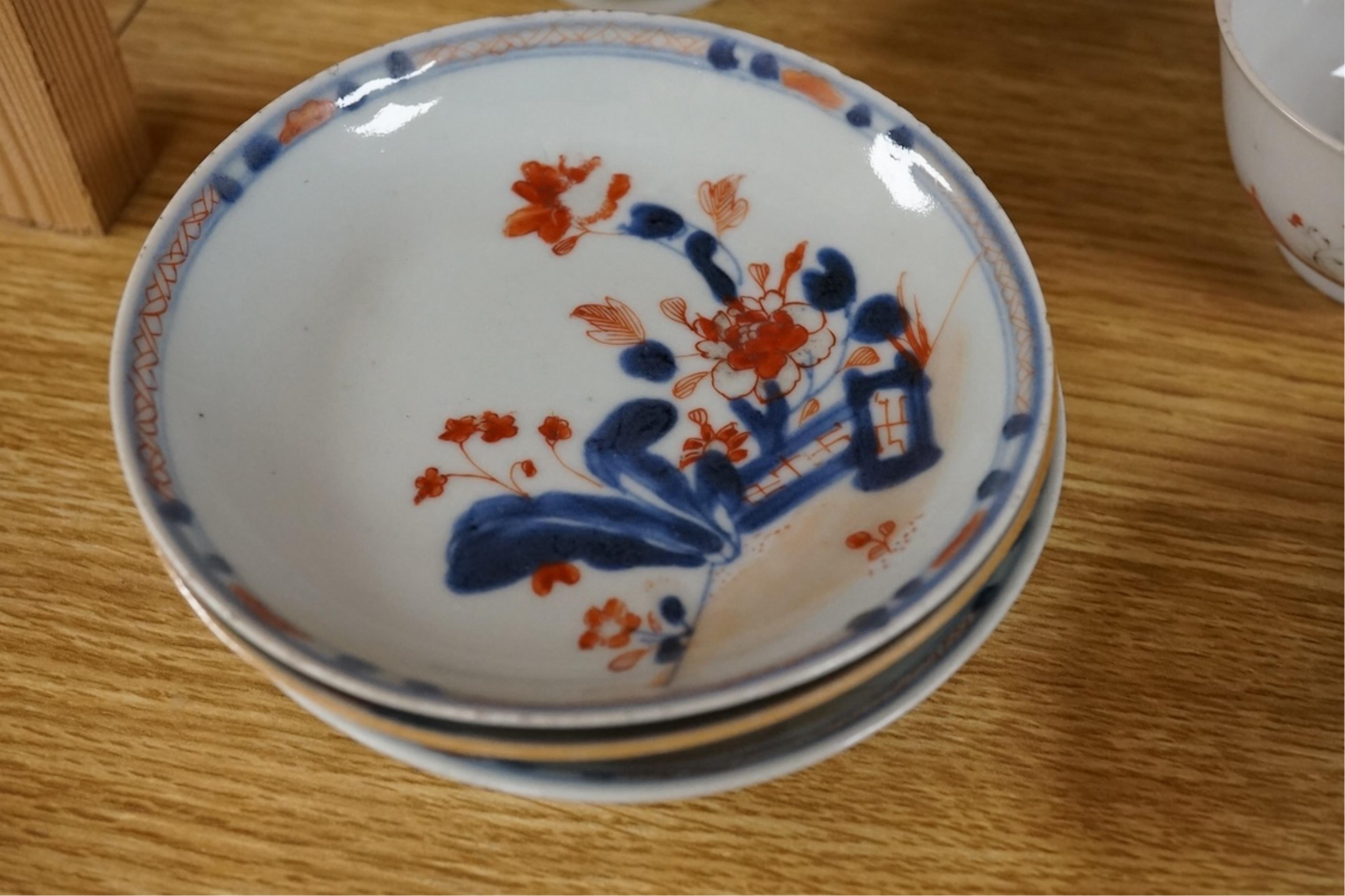 Four 18th century Chinese Imari teabowls and saucers, and a set of five 18th century famille rose teabowls and saucers, saucers 11.5cm